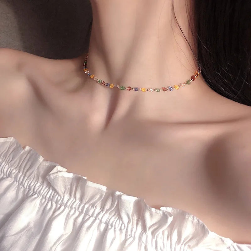 Fashion  Emerald Inlaid Rhinestone Choker Necklace for Women Girls Delicate Gold Color Clavicle Chain Necklace Jewelry Gift