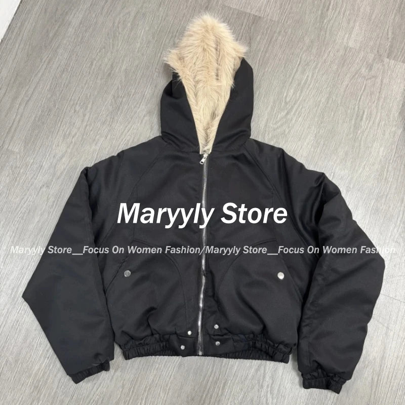 冬用エレガントファールーズコート レディース Y2K 原宿ゴシックカラーフード付き厚手ファッションパーカー カジュアルアウター コットンパッド入りジャケット