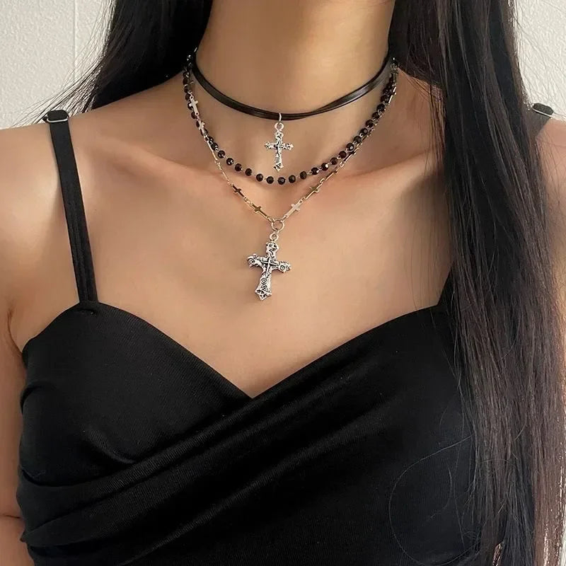 パンククロスチェーンダブルレイヤーネックレス メンズ レディース Y2K ファッショントレンド ロック パーティー グランジ EMO アクセサリー