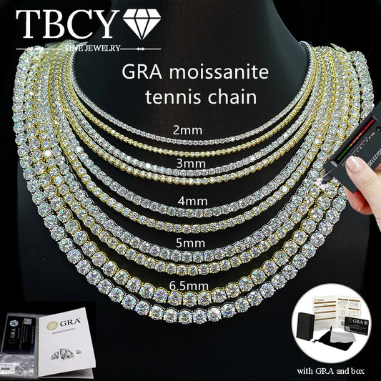 TBCYD 2-6.5mm D Color VVS1 Moissanite Tennis Necklace For Women 925 Silver Full Diamond 4-Prong Neck Chain Hip-Hop Party Jewelry