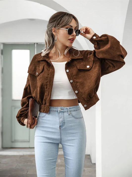 2023 Corduroy Short Jacket Women Loose Tops Spring Autumn Turndown Collar Lantern Sleeve Casual Coat Lady Streetwear Outerwear
