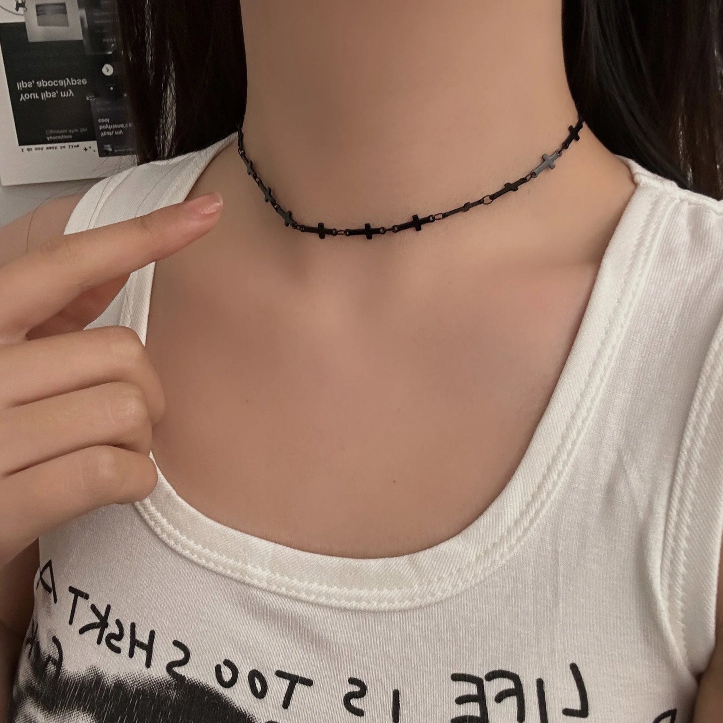 シンプルなヴィンテージブラッククロスチェーンチョーカー。男女兼用。ゴスヒップホップネックレス。パーティーファッションジュエリー。y2k