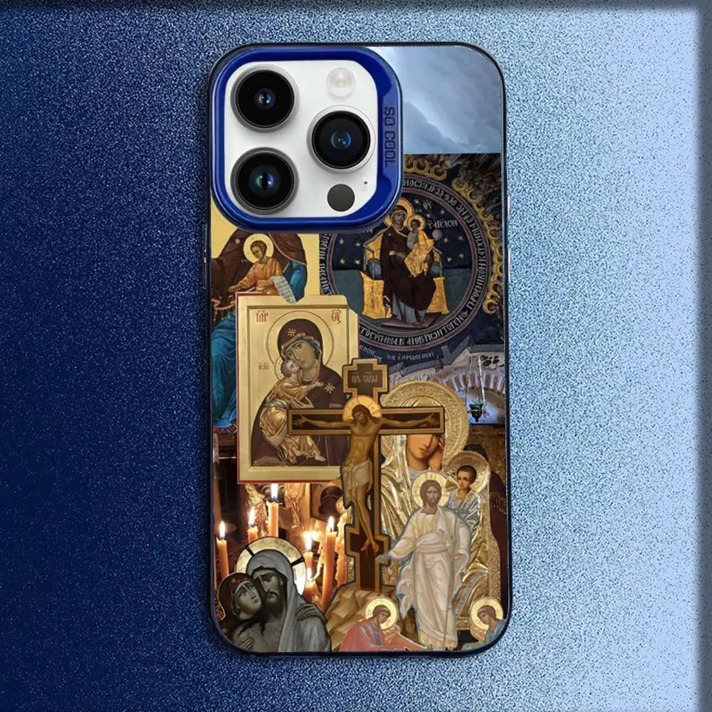 正教会の十字架アイコン教会電話ケース iPhone 16、15、14、13、12、11、Mini、Pro、E、MAX用 ブルーキャンディマット耐衝撃カバー