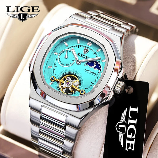 LIGE 2024 Automatic Mens Watch Fashion Stainless Steel Luxury Watches Men Waterproof Luminous Tourbillon Wristwatch Reloj Hombre