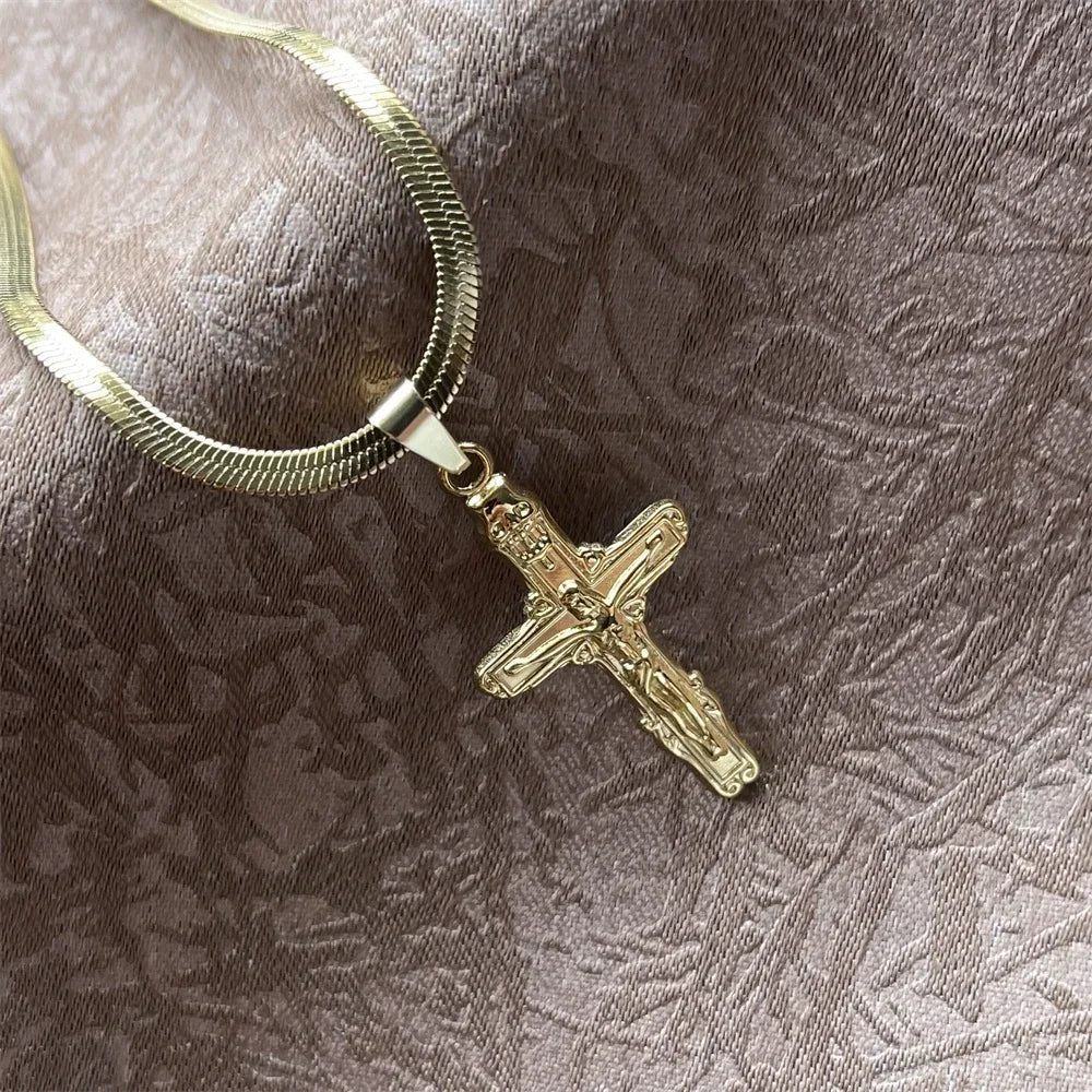 キリスト教イエス十字架ネックレス レディース メンズ ステンレススチールチェーン チョーカー 宗教的十字架ペンダント ジュエリー 祈り 洗礼ギフト