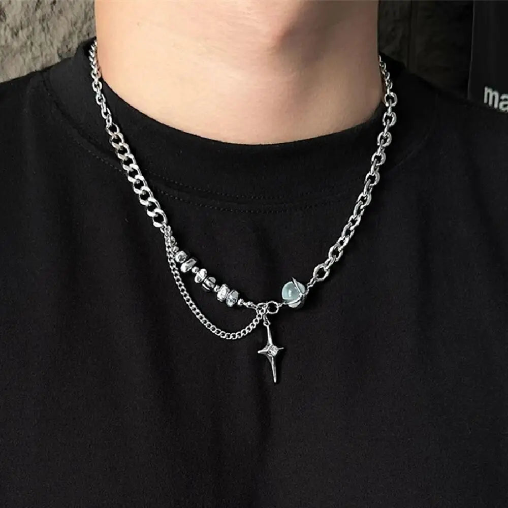ヒップホップ クロス スター ネックレス メンズ レディース チタンスチール クリスタルボール セーターチェーン ユニセックス ジュエリー トレンディ ストリート アクセサリー