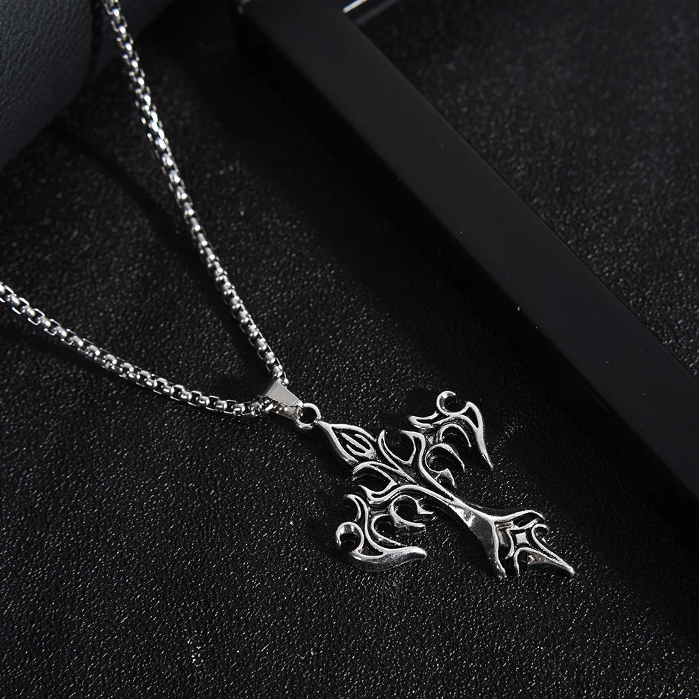 メンズファッション パンク フレイムクロスペンダントチェーンネックレス レディース 男性 ロングチェーン ヒップホップ ロック ゴシックジュエリーギフト