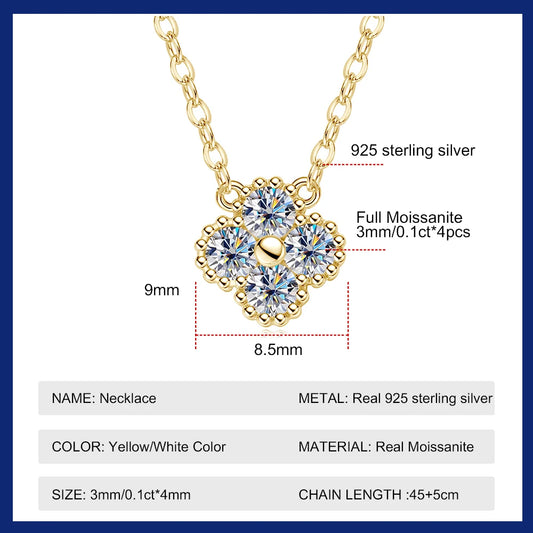 Sweetrain 3mm Certified Moissanite Pendant Necklace for Women Classic Clover Flower Neck Chain 100% Pure 925 Silver Chain Charm