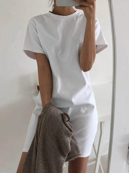 Women's fashionable small round neck simple solid color loose T-shirt dress 2025