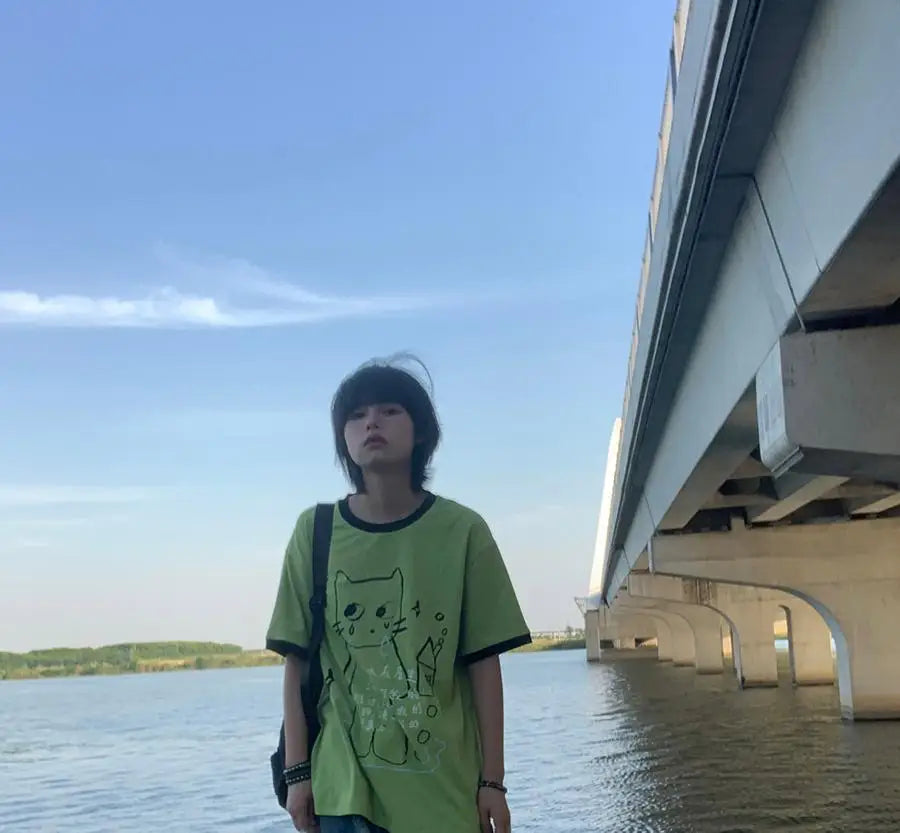 日本のサブカルチャー かわいい猫プリント 半袖Tシャツ レディース 夏 ヴィンテージ グリーン カジュアル ゆったり スウィートガール Y2K トップス