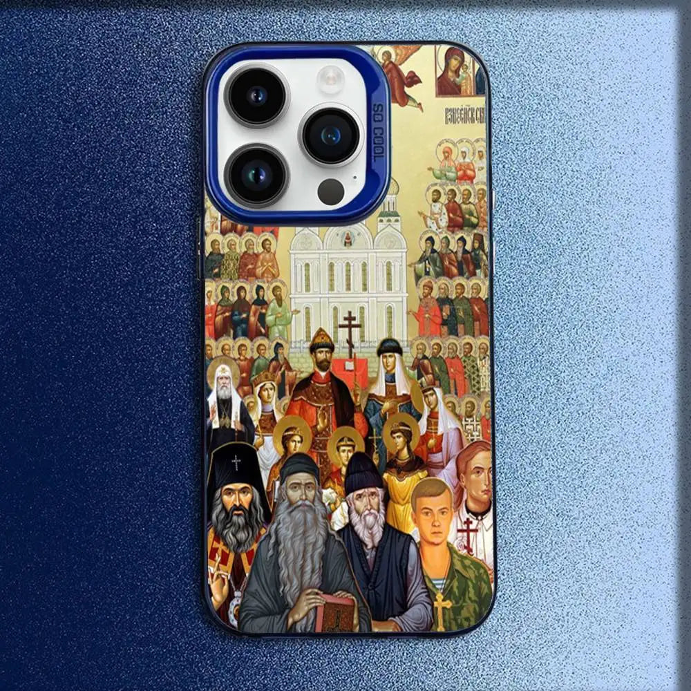 正教会の十字架アイコン教会電話ケース iPhone 16、15、14、13、12、11、Mini、Pro、E、MAX用 ブルーキャンディマット耐衝撃カバー