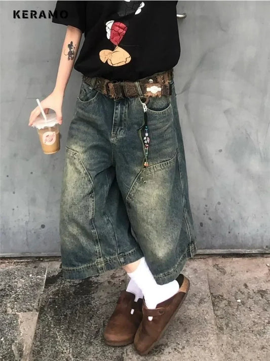 Y2K Harajuku High Street Calf-Length Pants High Waist Street Style Baggy Jean For Women Casual Loose Fit Blue Denim Shorts
