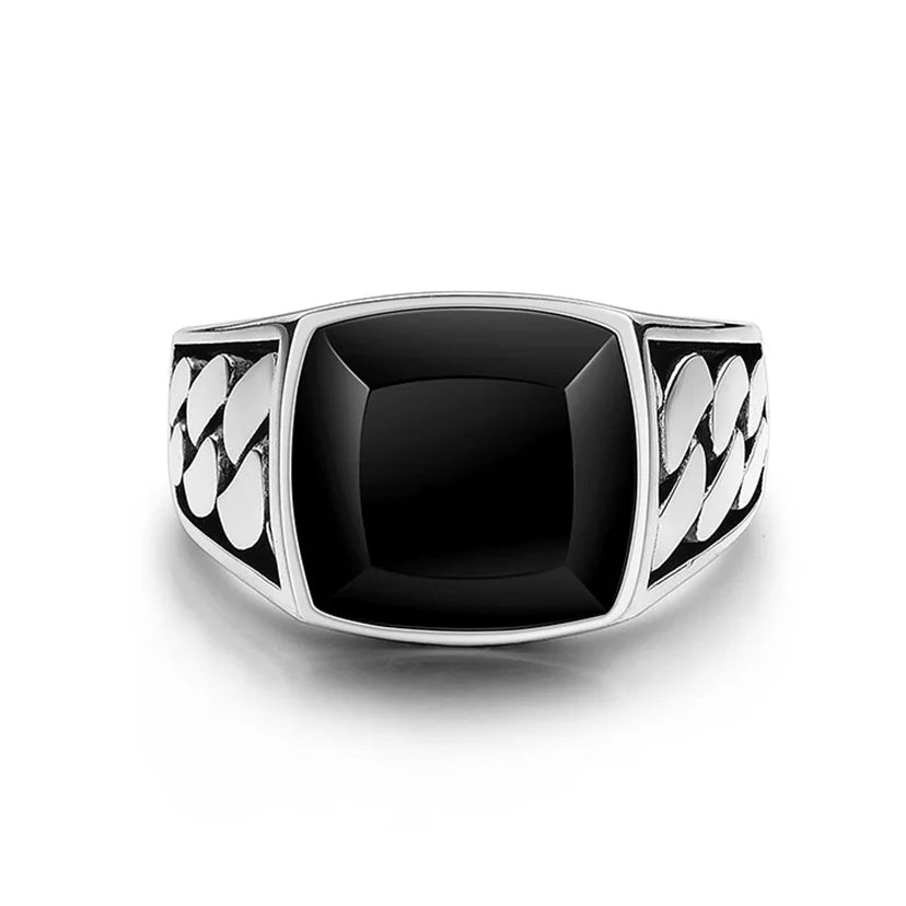 ヴィンテージ シルバー ブラック オニキス リング スクエア 個性的 ヒップホップ パンクスタイル シングルクロスリング パーティー クラブ ファインジュエリー メンズ