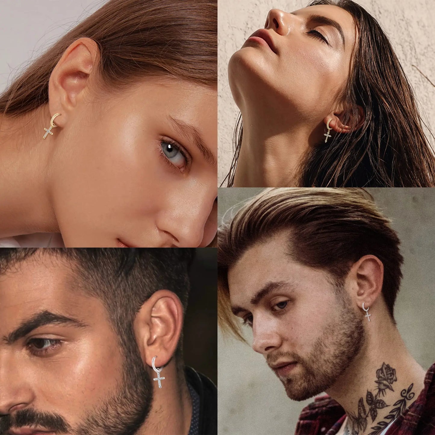 Fansilver 925スターリングシルバー クロスイヤリング レディース メンズ 華奢なCZハギーフープイヤリング アイスアウトクロスダングルイヤリング ボックス付き