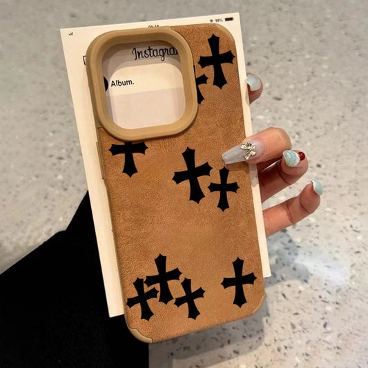 ブラッククロスノーブルイミテーションフェイクレザー携帯ケース iPhone 17 16 15 14 13 12 11 Pro Max XS XR 16 Plus 17Air 耐衝撃カバー