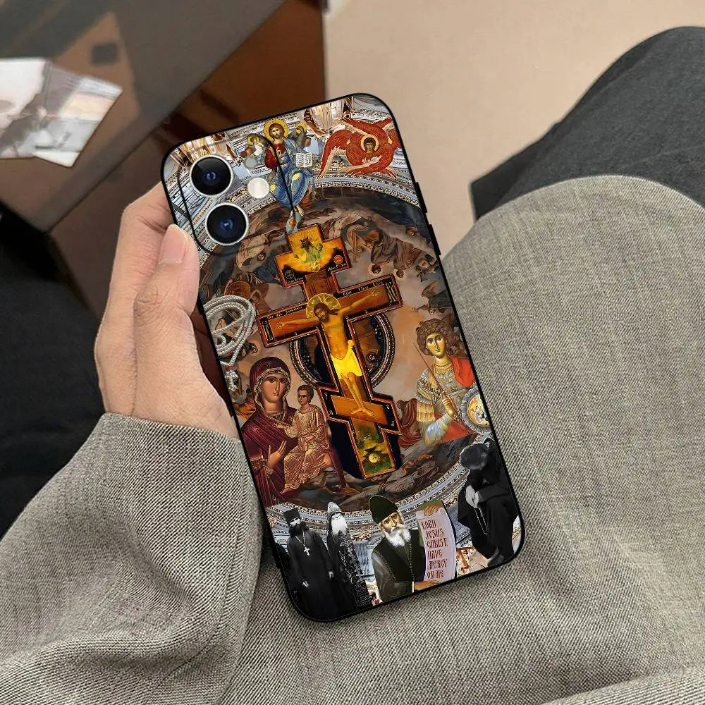 正教会の十字架アイコン教会電話ケース ブラック iPhone 17/16/15/13/14 Pro Max/ 11Plus/X/Xr/Xs Max 13mini用