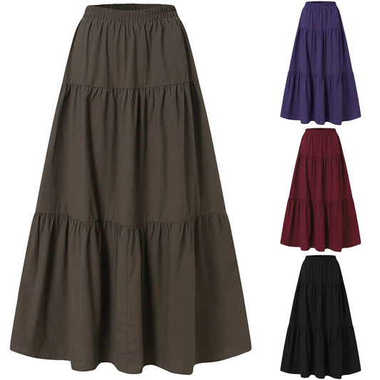 Women´s Casual Long Skirts Solid Color Pleated Big Hem Elastic Waist Loose Fit Skirts Simple Style Bottoms