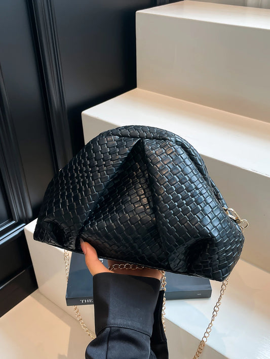 1pc Women Vintage Minimalist Faux Woven Texture Burgundy Large Capacity Pleated Cloud-Shape Clutch Handbag,Match For Party, Even