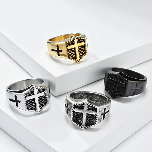 16mm ヴィンテージクロスリング メンズ ブラック ゴールドカラー ステンレススチール 高品質パンクジュエリー 卸売