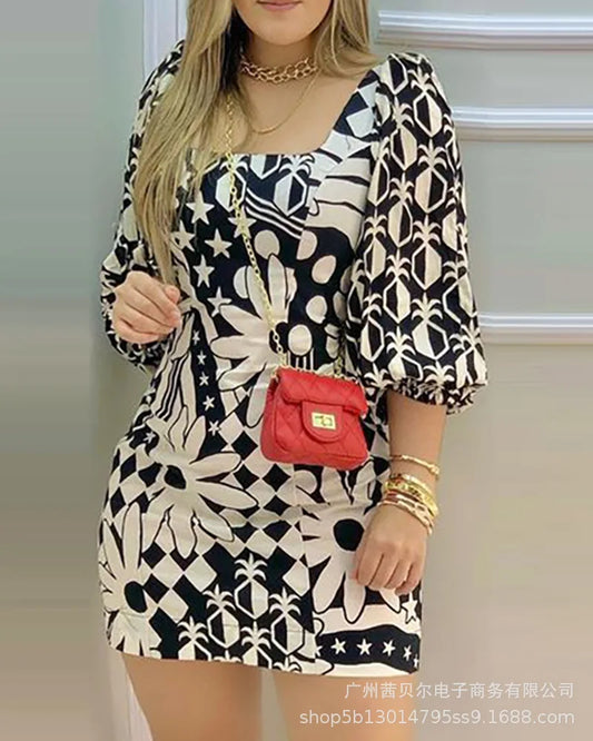 Womens Dresses 2024 Summer Fashion Black Printed Square Neck Long Sleeved Casual Daily Vacation A-Line Mini Dress