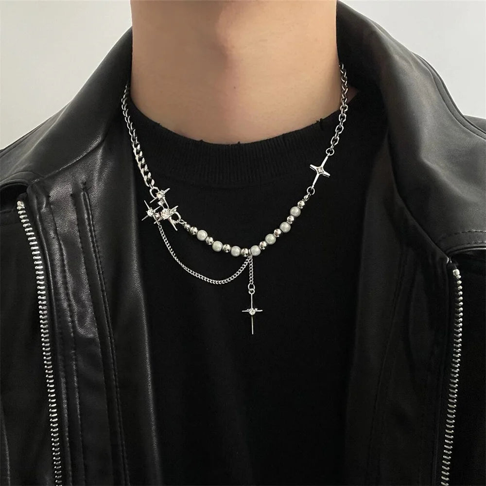 トレンドクロスネックレス メンズ レディース Kpop ダブルレイヤー スプライスビーズ ステンレススチールチェーンペンダント トレンドネックジュエリー チョーカー