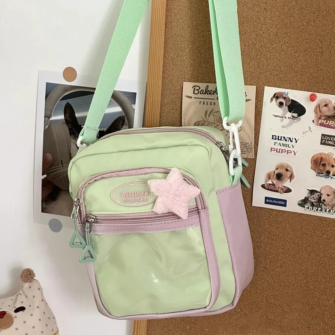 HAEX かわいいレディースイタバッグ ファッション パッチワーク ナイロン DIY バッジ クロスボディ ショルダーバッグ 原宿 カジュアル サブカルチャー ボルソ ムジェール