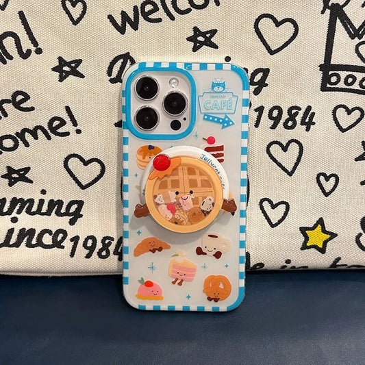 Luxury Cute Waffle Cake Magsafe Wireless Charge Case For iPhone 13 14 15 16 Pro Max Funny Cartoon Waffle Shake Magnetic Holderr