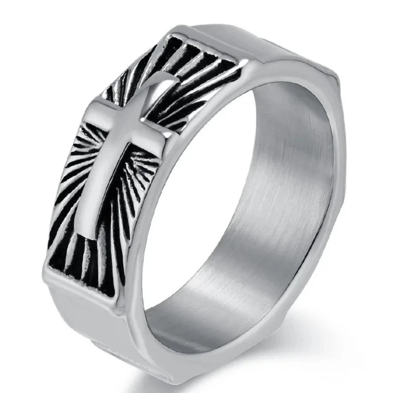 ヴィンテージ ホーリーライト クロスリング メンズ ステンレススチール タリスマンリング 宗教的信仰ジュエリー イースター ハロウィン 感謝祭ギフト