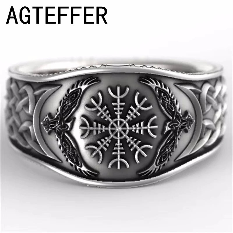 北欧神話の物語、バイキングケルトコンパス、レトロなグラフィティメッキS925タイシルバーリング（男性用）