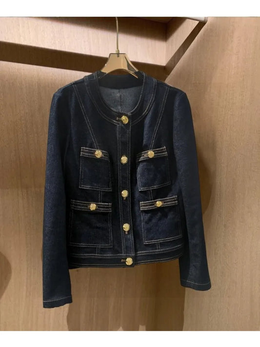 2024 Autumn Women's Winter Old Money Style Casual Blue Elegant Denim Jacket Fashion Luxury Style Single Breatsed Loose Coat