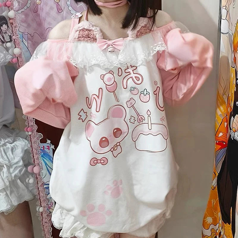 女性服かわいい難解なアニメプリントTシャツ秋の新しいサブカルチャーピンクの長袖Tシャツファッションホルターデザインセンス