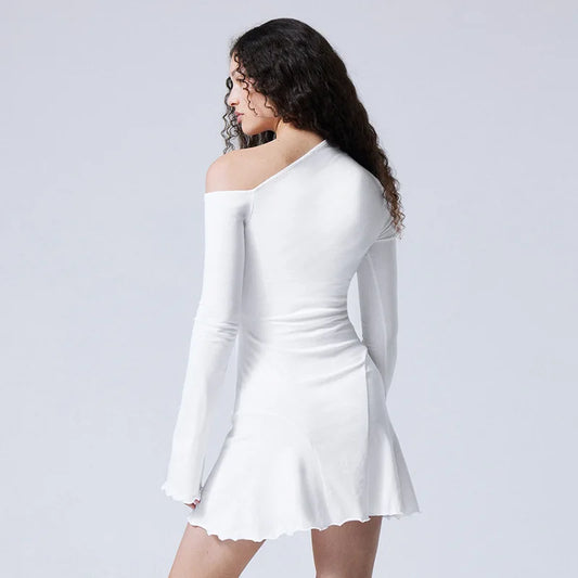 Women Sexy Boat Neck Backless Mesh Mini Dress Solid Slim Fit Bell Long Sleeve Self Tie Back Sheer Short Dresses
