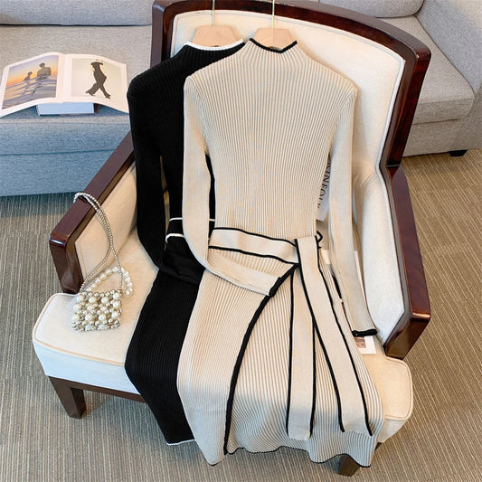 2026 New Autumn Winter Stand Collar Long Sleeve Knitted Dress Hit Color Striped Bandage Waist Bodycon Dress With Belt