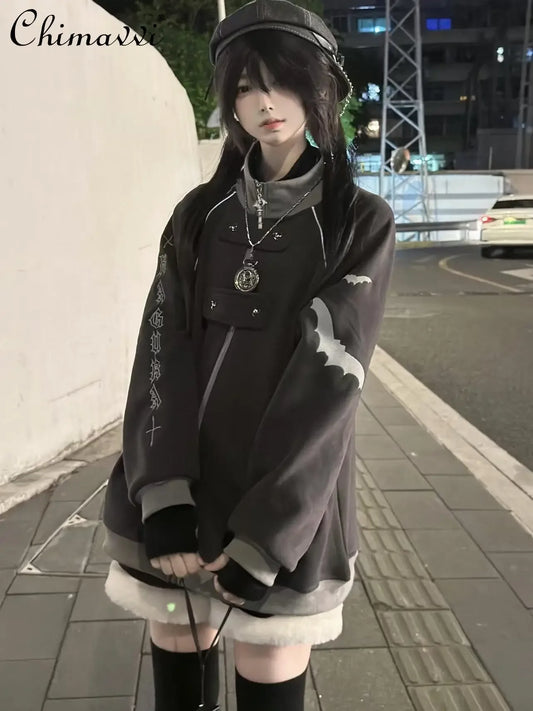 ファッションベルベットスタンドカラーサブカルチャー猫耳フード付きスウェットシャツジャケットオリジナルゴシック長袖ゆったり暖かいエレガントコート