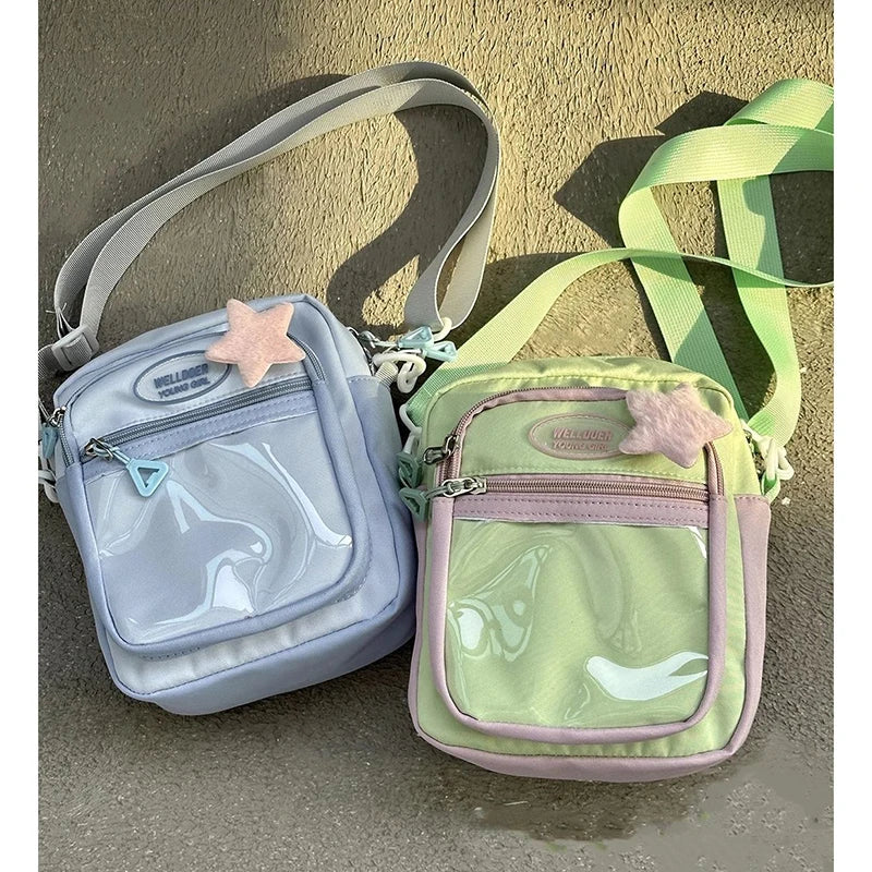 HAEX かわいいレディースイタバッグ ファッション パッチワーク ナイロン DIY バッジ クロスボディ ショルダーバッグ 原宿 カジュアル サブカルチャー ボルソ ムジェール