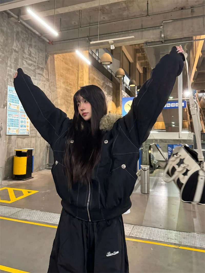 ZAROY レディース&amp;メンズ 冬用ジャケット Y2K ストリートウェア ファーカラー フード付き カジュアル ルーズコート 暖かい 原宿系 パーカー ゴシック パーカー куртк