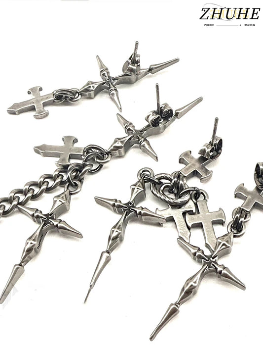 ゴシッククロスチェーンイヤリング、ファッショナブルなジュエリーアクセサリー、男女兼用でエッジの効いたアイテム