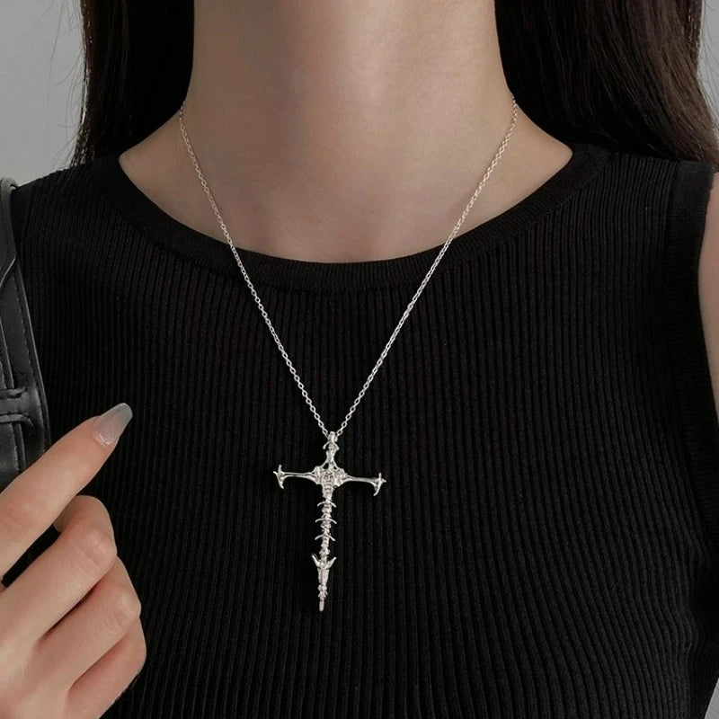 1/2Pcs Unisex Cross Pendant Necklace for Men Women Punk Silver Black Hip Hop Gothic Punk Long Pendant Necklace Jewelry Accessory