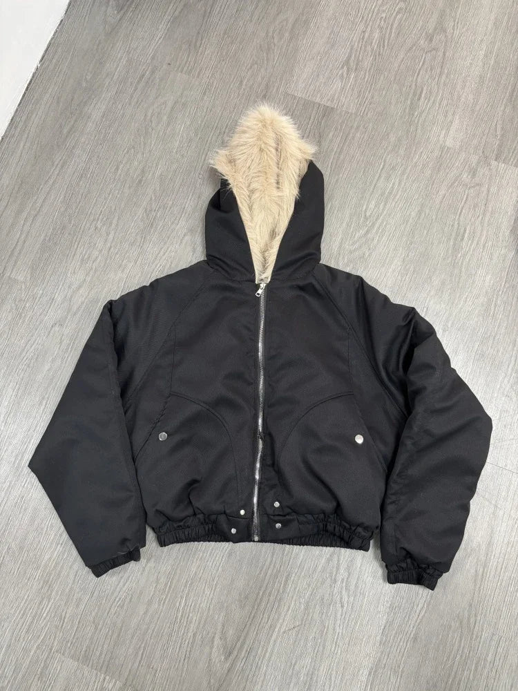 アメリカンスタイル レトロ フード付き 冬 ゴシック 原宿 ファッション ブラック コート カジュアル アウター Y2K ファーカラー パーカー レディース シック