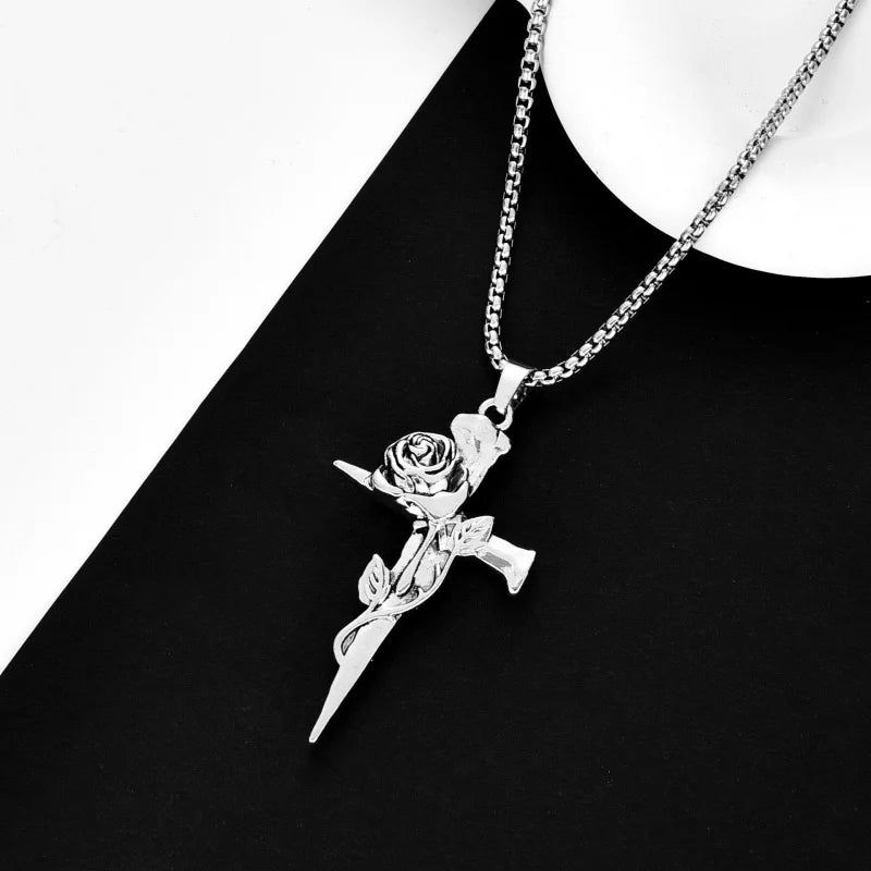 Vintage Rose Flower Cross Personality Trendy Jewelry for Men and Women Long Necklace Hip Hop Couple Alloy Pendant Sweater Chain