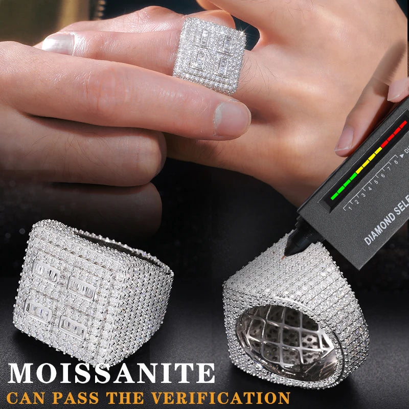 TUHE ユニセックス S925 シルバーリング アイスアウト バゲット VVS1 モアッサナイト クロスリング S925 シルバー メンズ ヒップホップジュエリー メンズアクセサリー