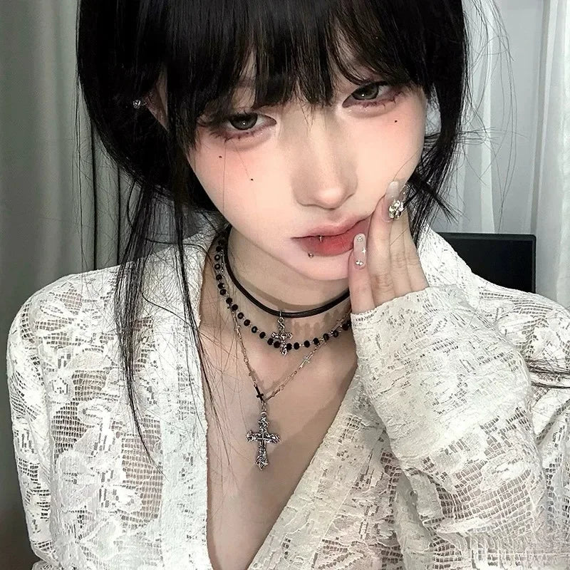 パンククロスチェーンダブルレイヤーネックレス メンズ レディース Y2K ファッショントレンド ロック パーティー グランジ EMO アクセサリー