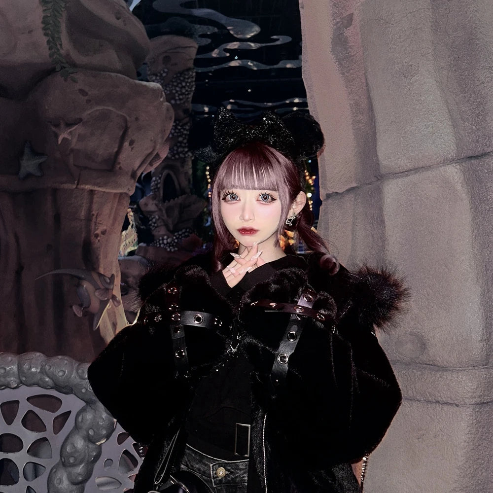 日本製マインシリーズ リベットクロス シープイヤー フード付きジャケット 冬物 新作 ゴスパンク ダークガールズ イミテーションファー プラッシュコート レディース