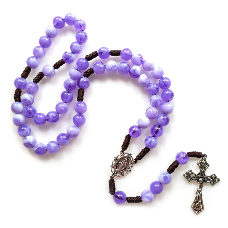 Strand Woven Rosary Necklace For Men Women Cross Pendant Acrylic Beads Religious Jewelry