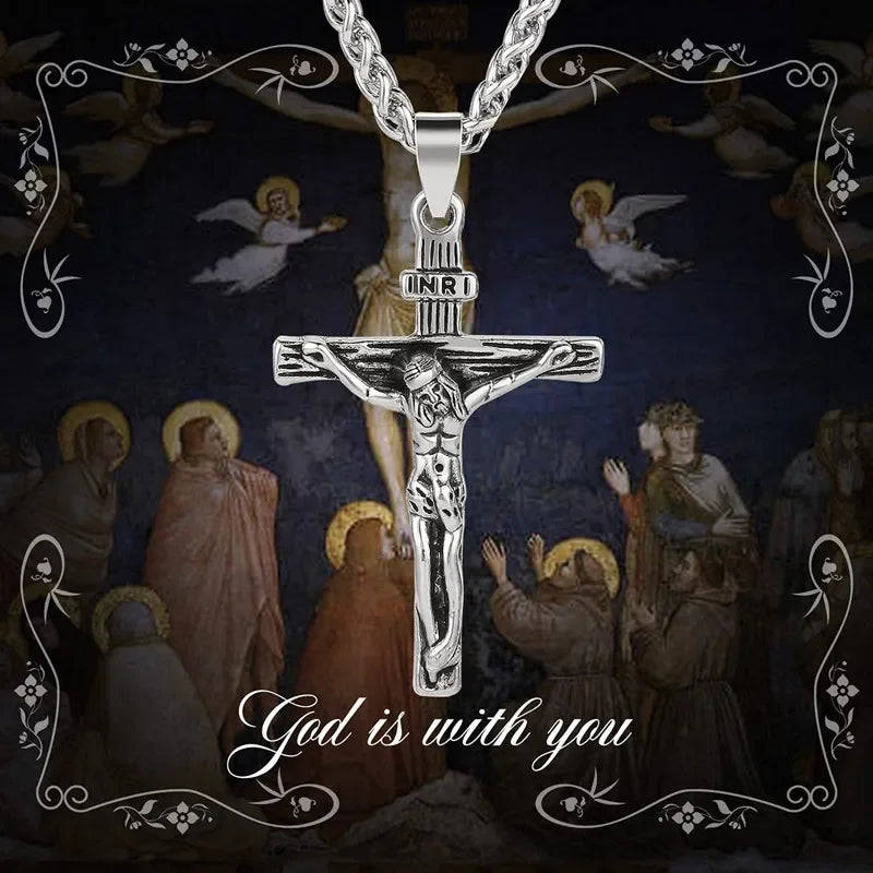 男性用新宗教イエス十字架ネックレス。ゴールドカラーのクロスペンダントとチェーンネックレス。男性と女性へのジュエリーギフト。