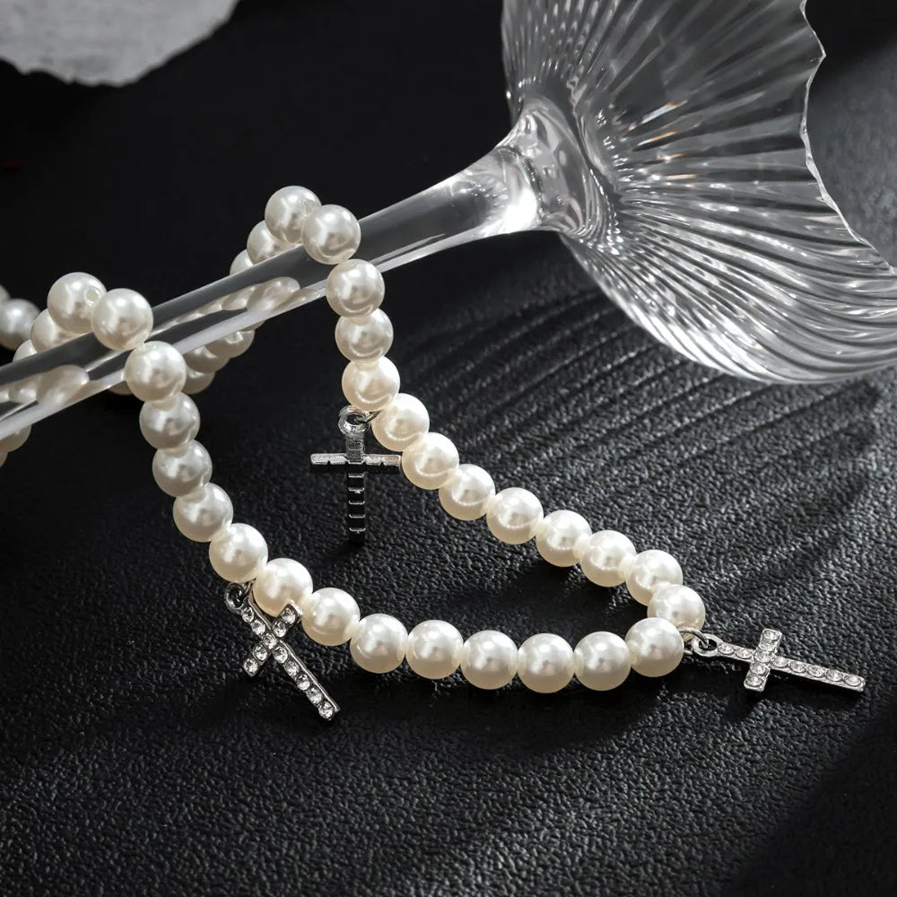 パールビーズチェーンクロスペンダントネックレスメンズトレンドホワイトビーズチョーカーシャイニーラインストーン2023ファッションジュエリー男性