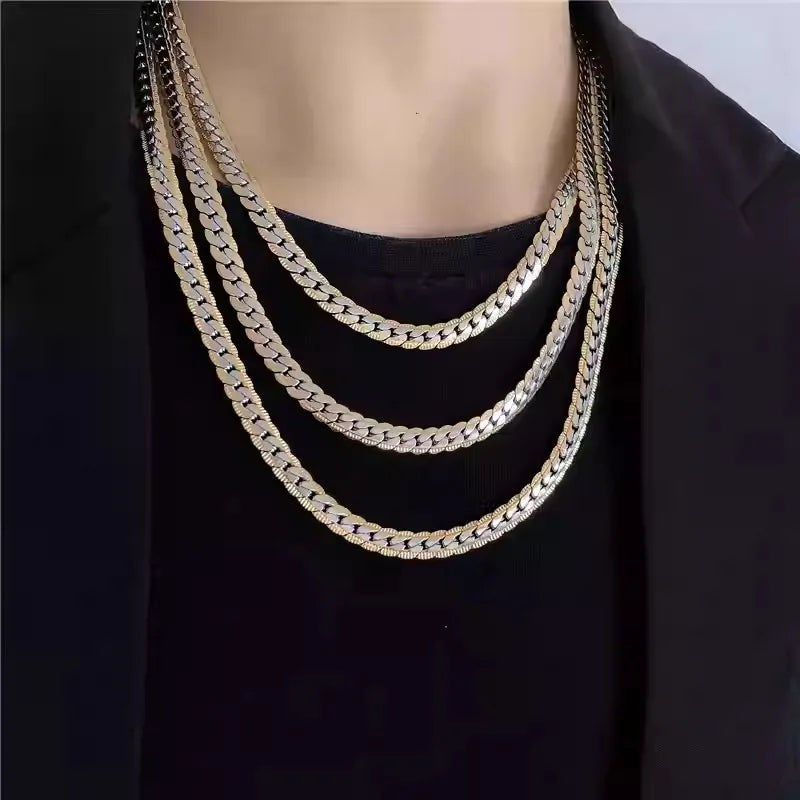 男性用高光沢キューバチェーンネックレス、7mmステンレススチールフラットキューバチェーンカラー、50/55/60cm男性用チェーン