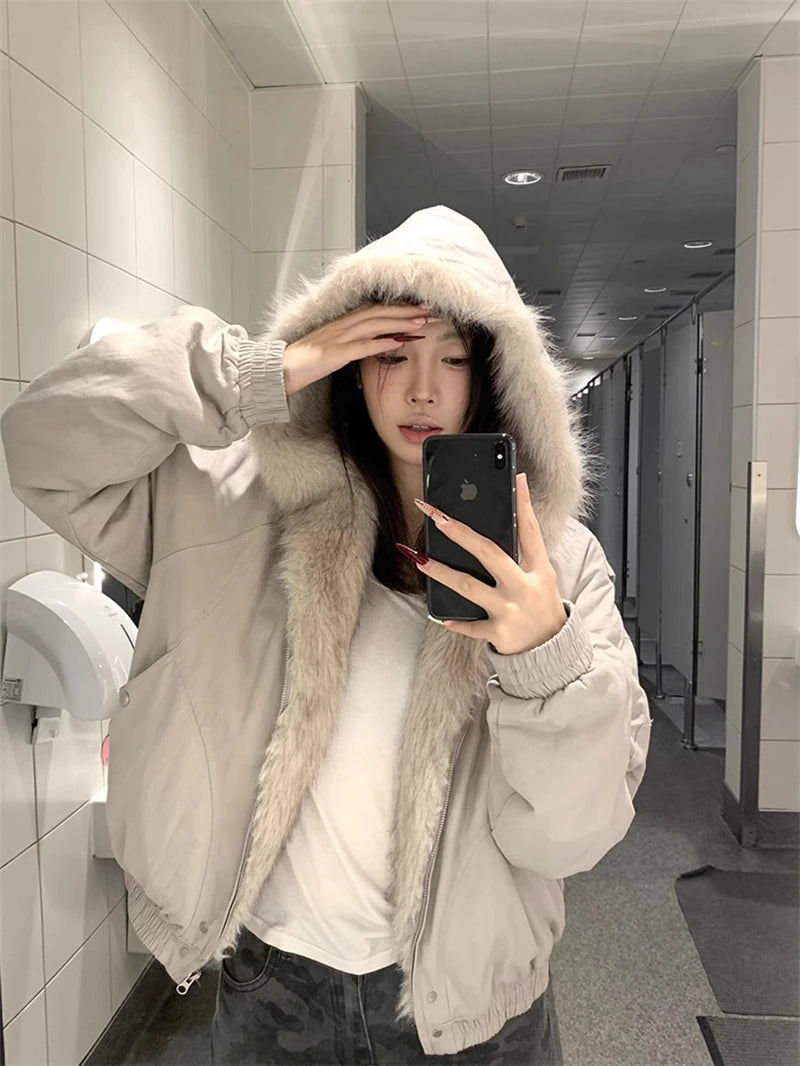 ZAROY レディース&amp;メンズ 冬用ジャケット Y2K ストリートウェア ファーカラー フード付き カジュアル ルーズコート 暖かい 原宿系 パーカー ゴシック パーカー куртк