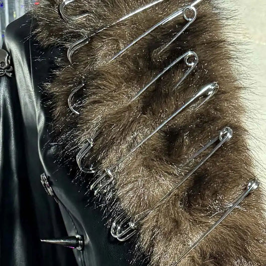 ヒップホップ ティーン Eガールズ エモ グランジ ゴス DIY クラブウェア ハンドメイド パンクロック スタッズ付き Y2K ヴィーガンレザー フェイクファー ジャケット コート ピン