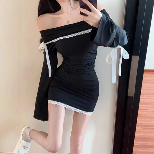 Elegant French Style Lace Splice One Shoulder Long Sleeve Black Dress Women's Sexy Flared Sleeve Bodycon Short Skirt Dress